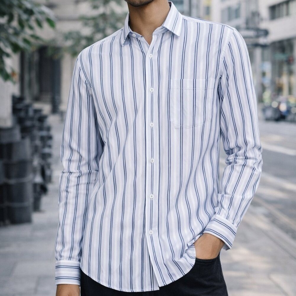 Bugatchi Mens Blue White Stripe Long Sleeve Button Front Shirt SZ Large Preppy